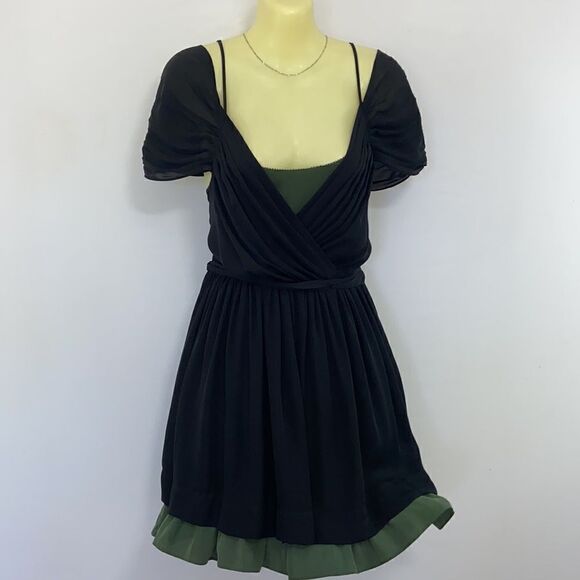 Joie Dress Silk Chiffon Two Tone Black Green Cold Shoulder Sz M Excellent - Picture 6 of 9